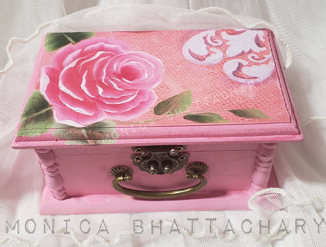 Hand painted pink box with rose -Sold