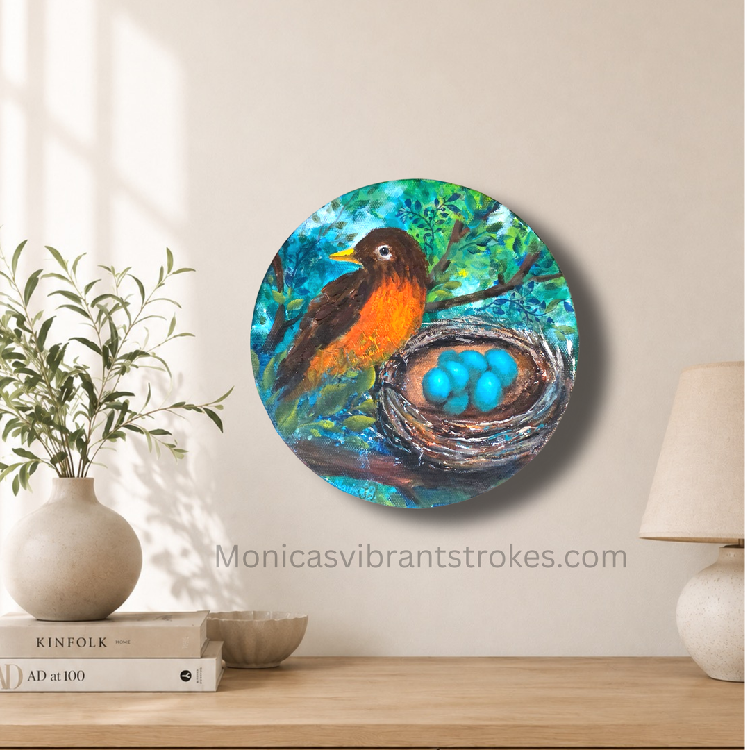 Nesting Robin – Unique Mixed Media Nature Art with Blue Eggs